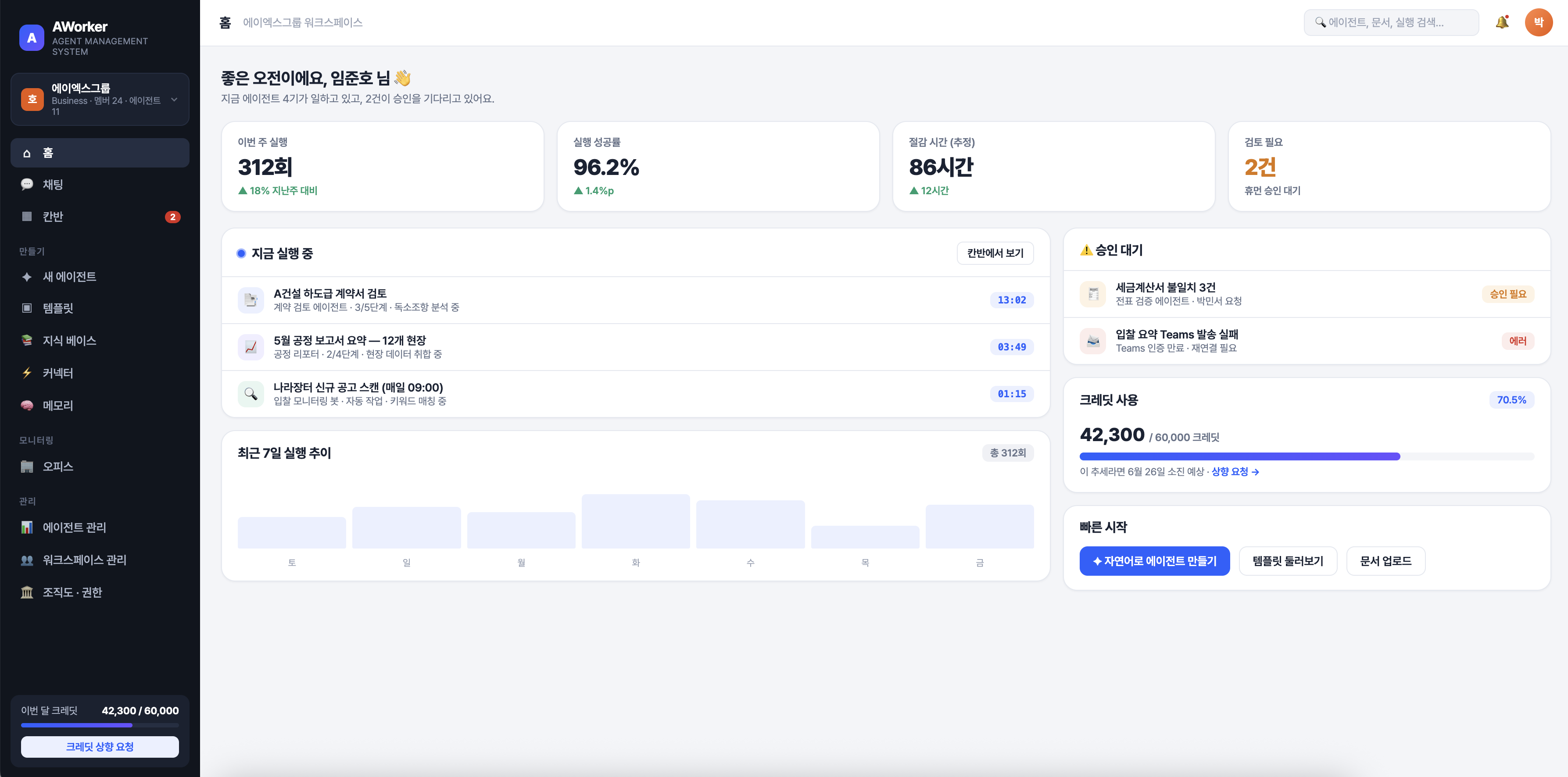 AWorker 홈 대시보드